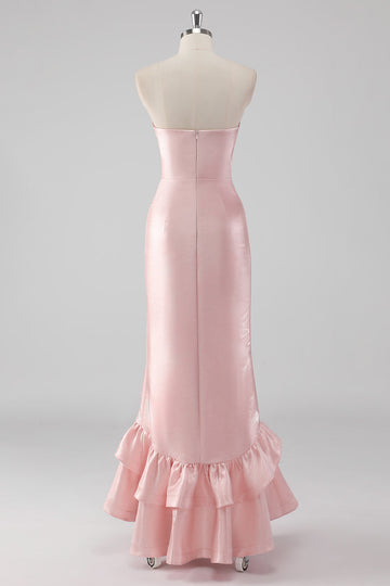 Rosa volangslire stroppeløs sateng lang formell kjole med splitt